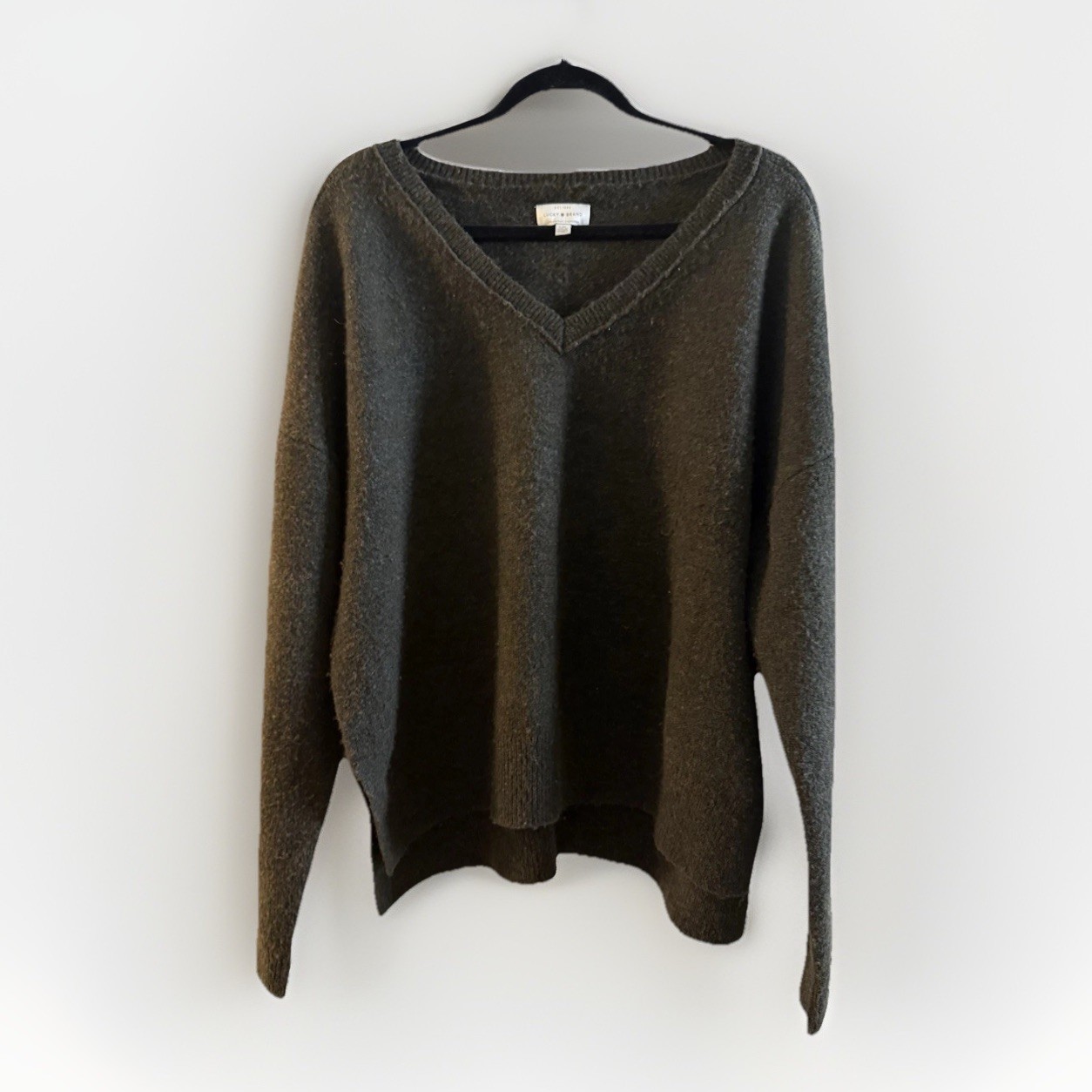 Lucky Brand Womens V Neck Sweater Size Large Green Cotton Knit Pullover