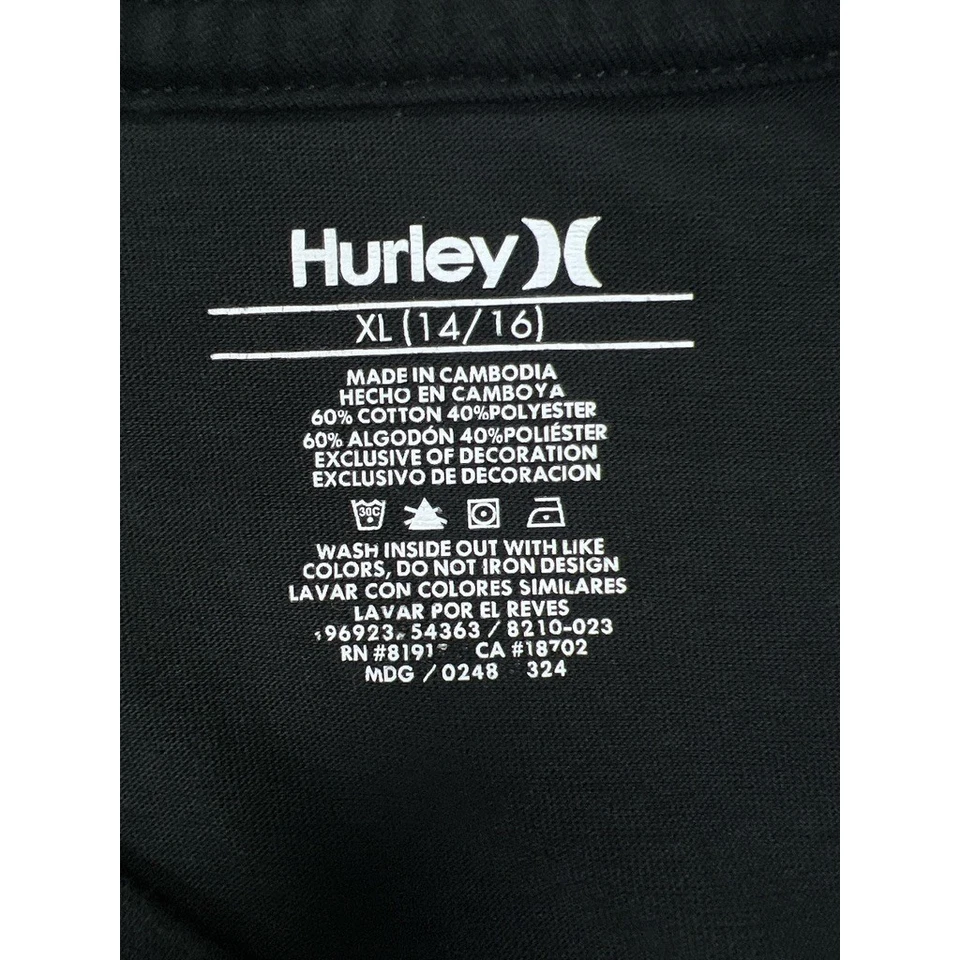 Hurley Kids XL (14/16) Black Short Sleeve T Shirt Striped Logo Graphic Tee - Image 3 of 4