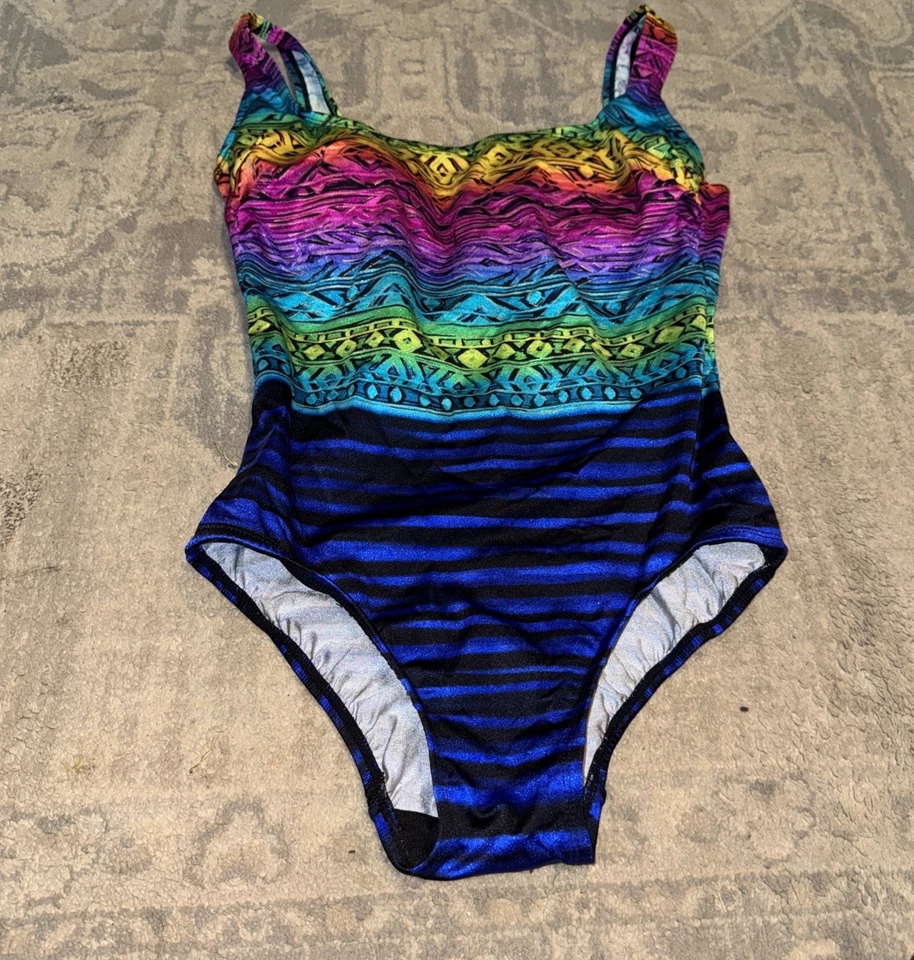 Longitude Damen Gr. 12 Einteiler Badeanzug Regenbogenmuster Schwimmen breiter Träger