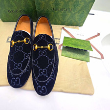 Gucci Horsebit Men's Black Velvet Logo Loafers Slip-On Almond Toe US 6.