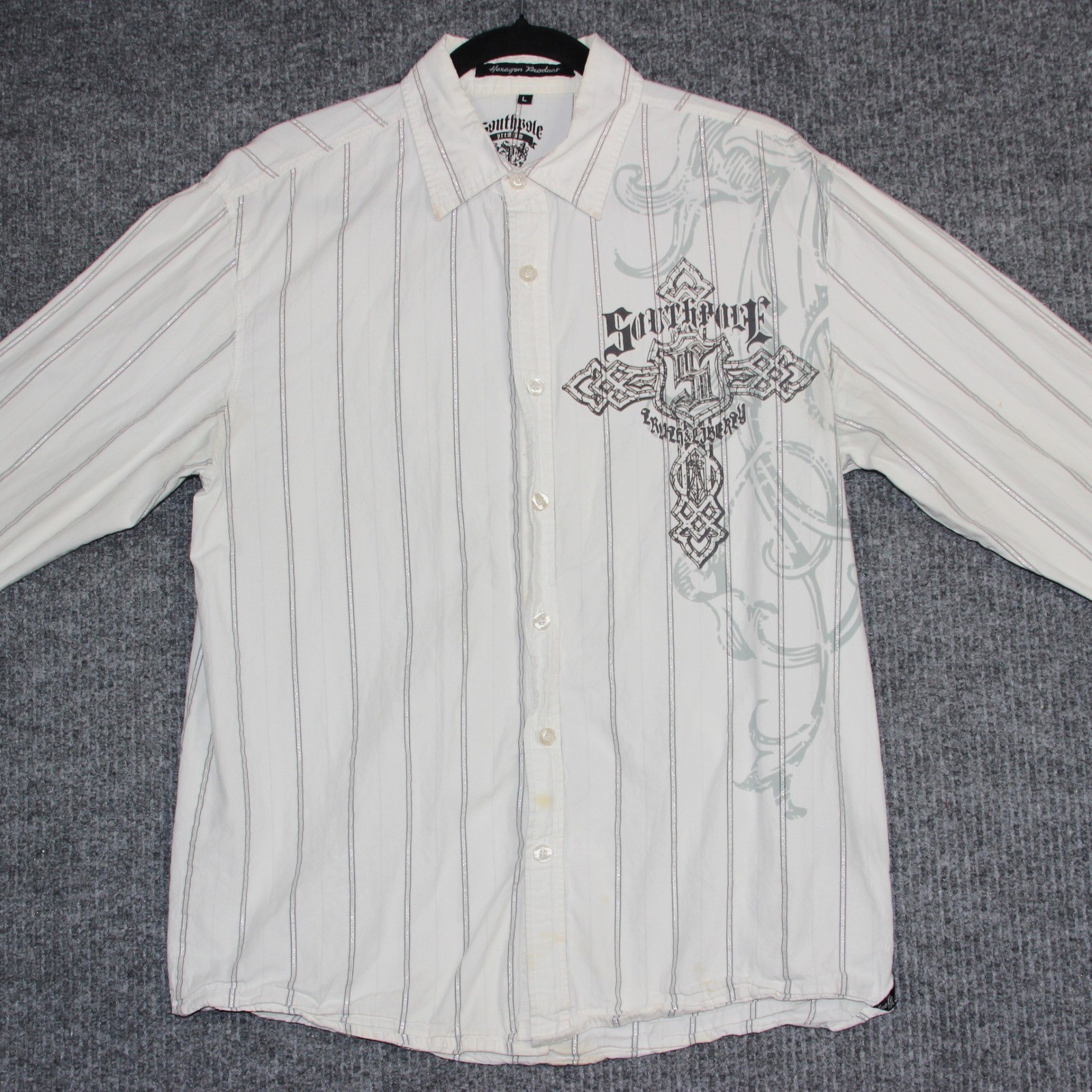 Y2K Southpole Premium Mens Large Button Down Shirt Stripe Cross Graphic