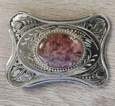 Vintage Western Natural Rhodonite Belt Buckle Silver Toned Handcrafted