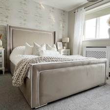 New Winged Pipping Bed Frame Plush Velvet Upholstered Gas Lift Storage Double UK
