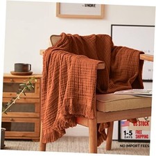Cotton Muslin Throw Blanket for Bed, Couch, Knit Woven Gauze Rust Orange