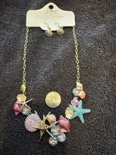 Multi Color COLORFUL Starfish and seashell Pendant Necklace and Earrings Set