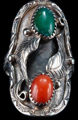 Vintage Navajo Sterling Silver J YAZZIE Turquoise and Coral Ring 