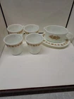 Vintage Pyrex Butterfly Gold Gravy Boat Dish with Underplate and 4 Cups.