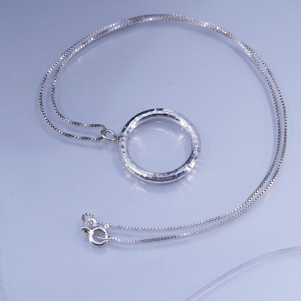 18”, vintage Sterling 925 silver box chain necklace w/ hammered circle pendant 18”, vintage Sterling 925 silver box chain necklace w/ hammered circle pendant