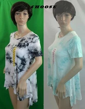 Active Life Stretchy Tunic Black mix or teal Tie Dye asymmetric bottom top,S,M