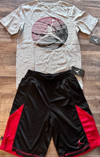 NWT Nike Jordan Boys YLG Gray/Red/Black BIG LOGO Shorts Set Large