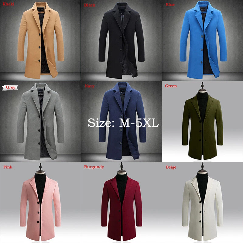 Men Wool Like Pea Coat Notch Lapel Warm Long Jacket Woolly Peacoat Pocket Blue