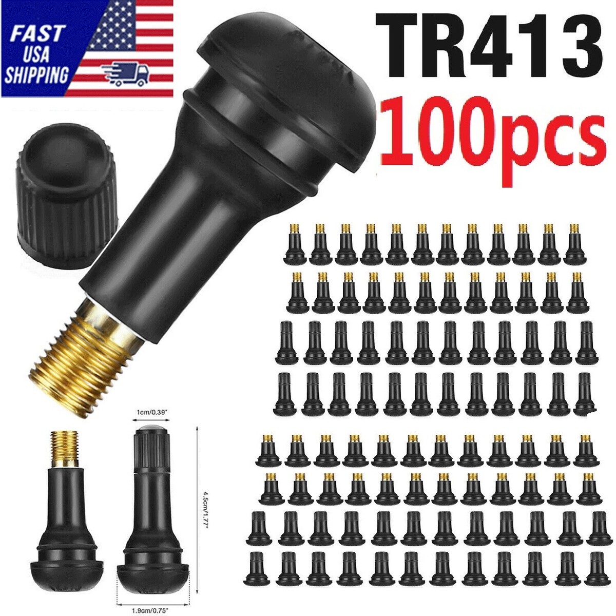 100Pcs Tire VALVE STEMS TR 413 Snap-In Car Auto Short Rubber Tubeless Tyre  Black