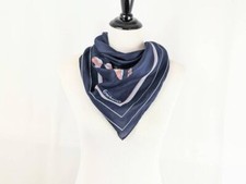 Cacharel 1990s Dark Navy Blue Square Lightweight Scarf with Peach Taupe Floral