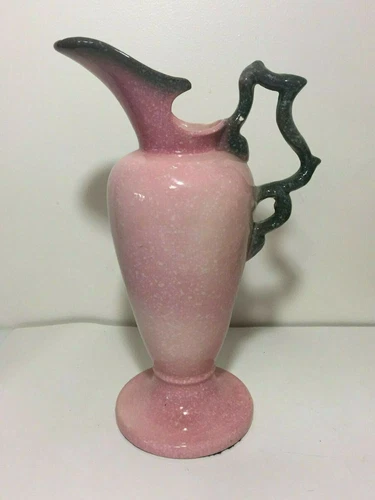 HULL POTTERY W24 13 1/2" High Glaze Pink Speckled Green Art Pottery Pitcher Ewer
