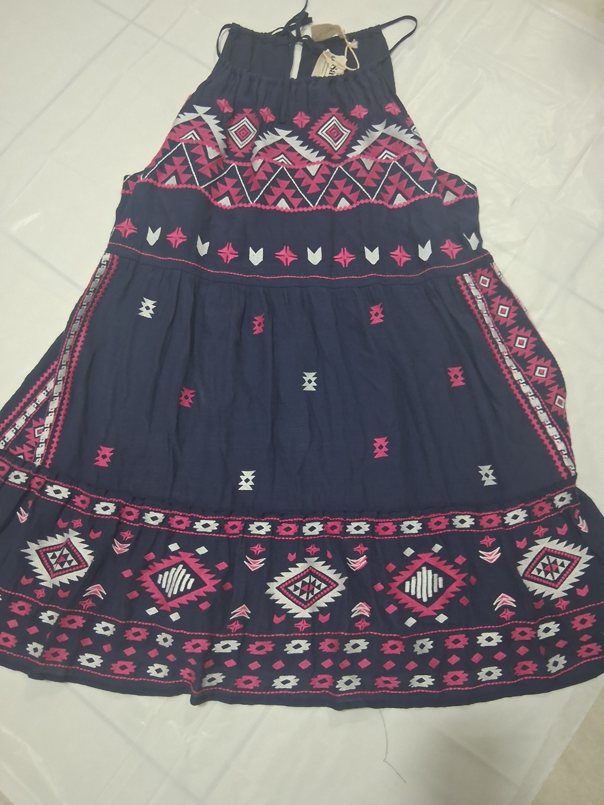 Women's 2X Embroidered Navy Pink White Aztec Boho Sundress Knee