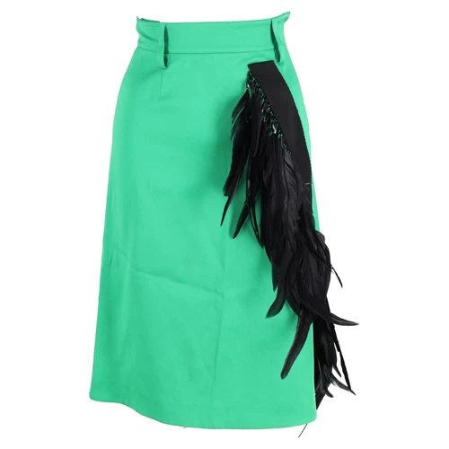 Jupe Prada bordée de plumes longueur genou ligne A en laine femme verte taille 38
