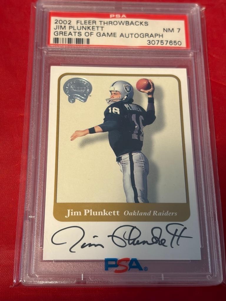 JIM PLUNKETT RAIDERS 2002 FLEER THROWBACKS SB MVP SIGNED FOOTBALL AUTO PSA NM 7