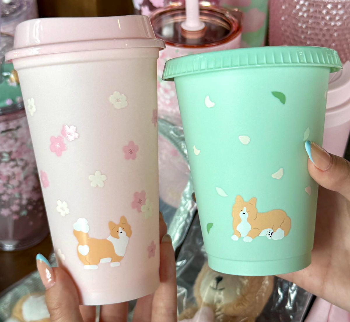 Starbucks Reusable Cold Cup Set Of 2 16oz Corgi Dog Blossom Breeze