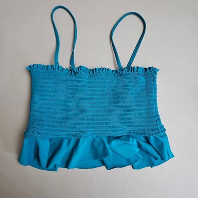 Summer Mae Teal Blue Smocked Tankini Top Ruffle Hem Adjustable Straps Large