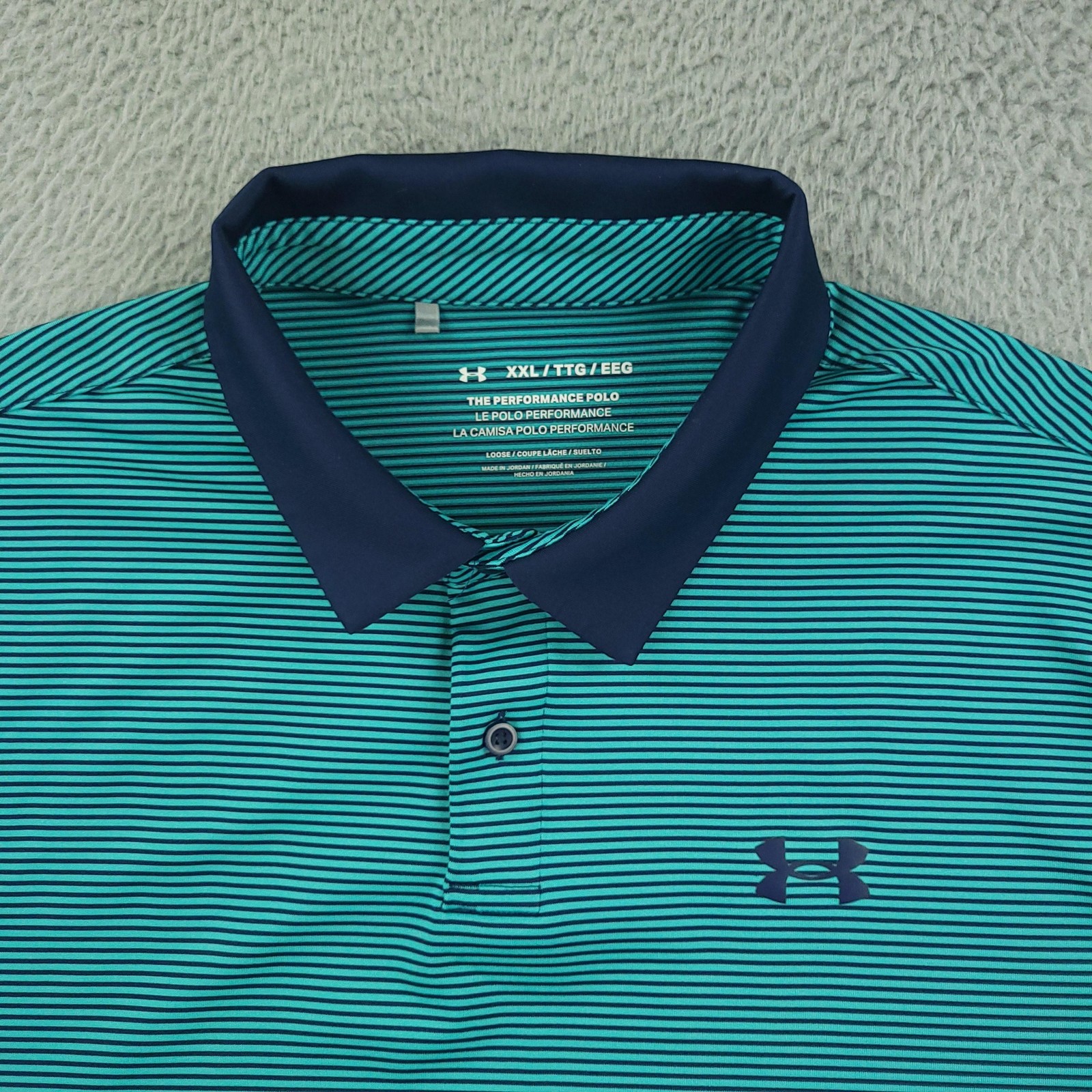 Under Armour The Performance Polo Shirt Mens 2XL Blue Stripe Golf Stretch Top