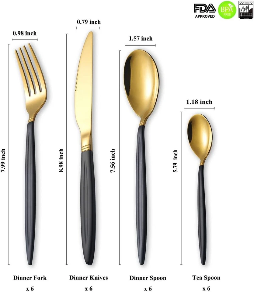 Set Di Posate in Oro Nero 24 Pezzi, Set Di Posate in Acciaio Inossidabile, Set D - Immagine 2 di 4