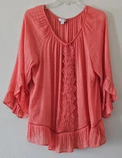 Women's Crinkle Tunic Boho Peasant Top Blouse XL Coral ¾ Ruffle Sleeve Cottage