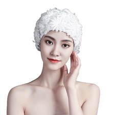 Womens Floral Petal Swim Cap Retro Flower Pearl Bathing Swimming Turban Hat