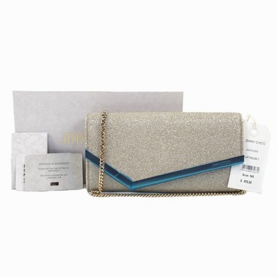 Jimmy Choo Emmie Platinum Ice Dusty Glitter Clutch Bag W/ Gold-Tone Metal Chain