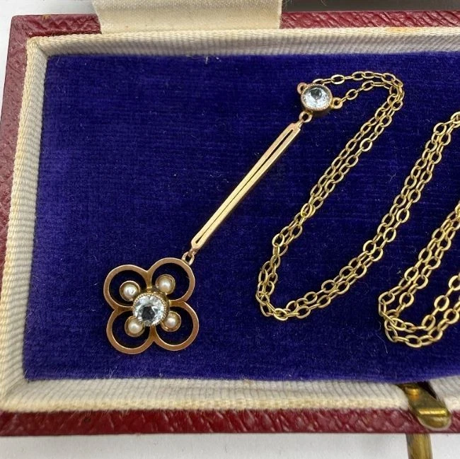 Antiguo collar eduardiano sólido oro amarillo 9k 17" semilla perla lavalier Art Deco Foto 2 de 4