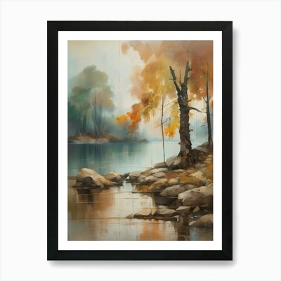 Waldsee, Herbstsee, Vintage O gerahmtes Wandbild Poster Leinwanddruck Bild