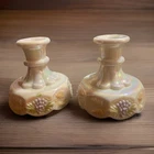 Vtg Westmoreland Iridescent White Milk Glass Panel Grape Candlestick Set Painted
