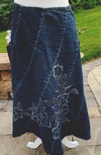 VTG Denim Embellished And Beaded A Line Skirt With Back Zip Maxi Boho Gypsy