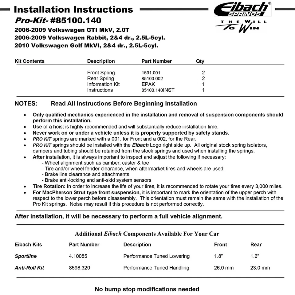 Kit de molas rebaixadoras dianteiras traseiras Eibach 85100.140 PRO-KIT para 2006-09 VW GTI Mk5 - Imagem 2 de 4