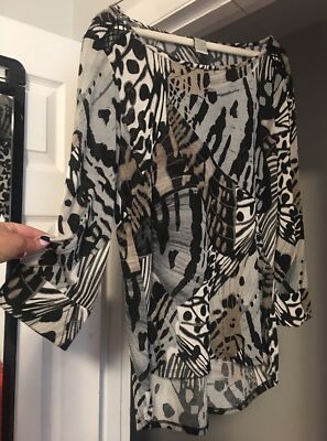 Alberto Makali Tunic Geometric Pattern Black Gray Asymmetrical Hem Blouse Top M