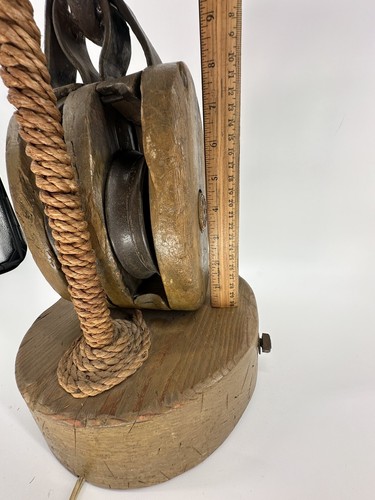 Huge Antique Nautical Table Lamp Industrial Wooden Pulley Beach Decor Ship - Picture 17 of 24
