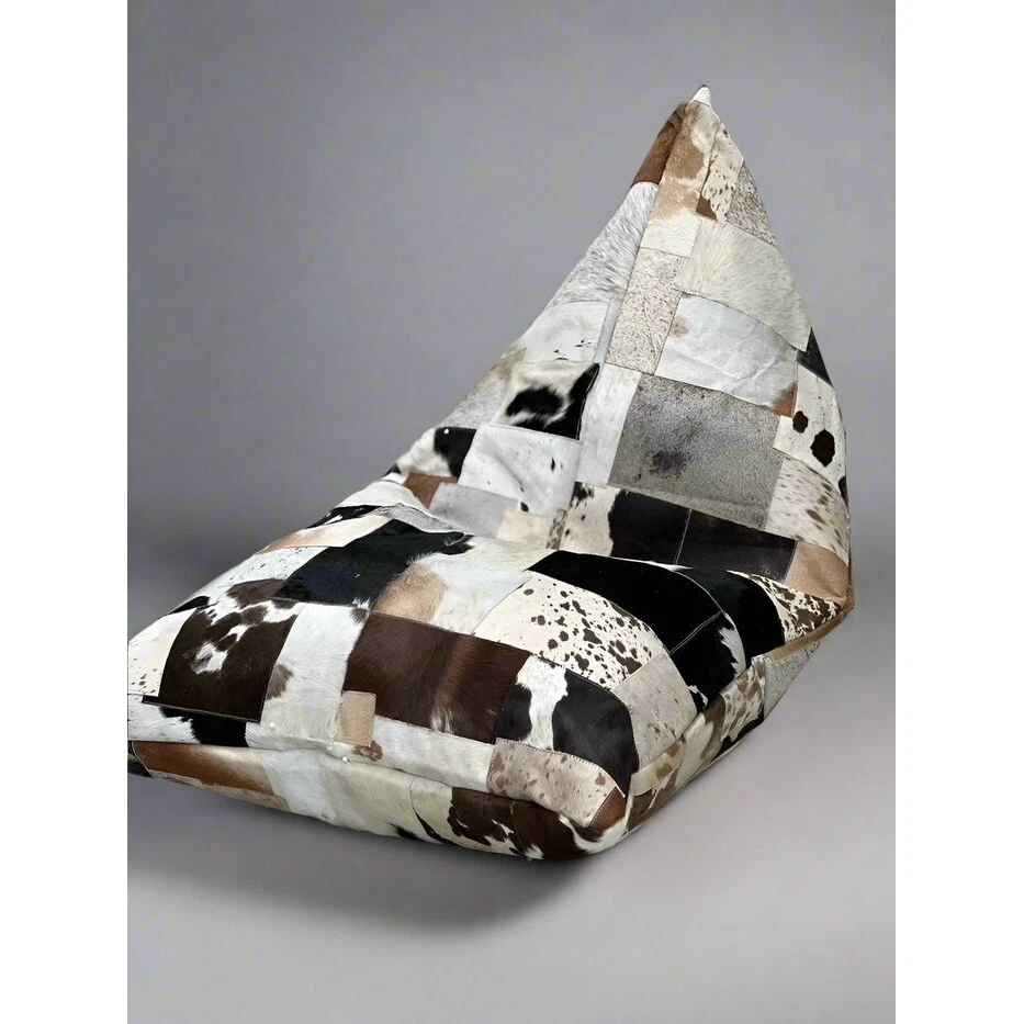 Artisan Cowhide Beanbag Cover – Triangular Patchwork Lounger in Natural Tones - Image 4 of 4