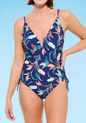 Mynah Womens XXL Lush Leaf One Piece Swimsuit Navy Blue Deep V Neck NWT/NEW