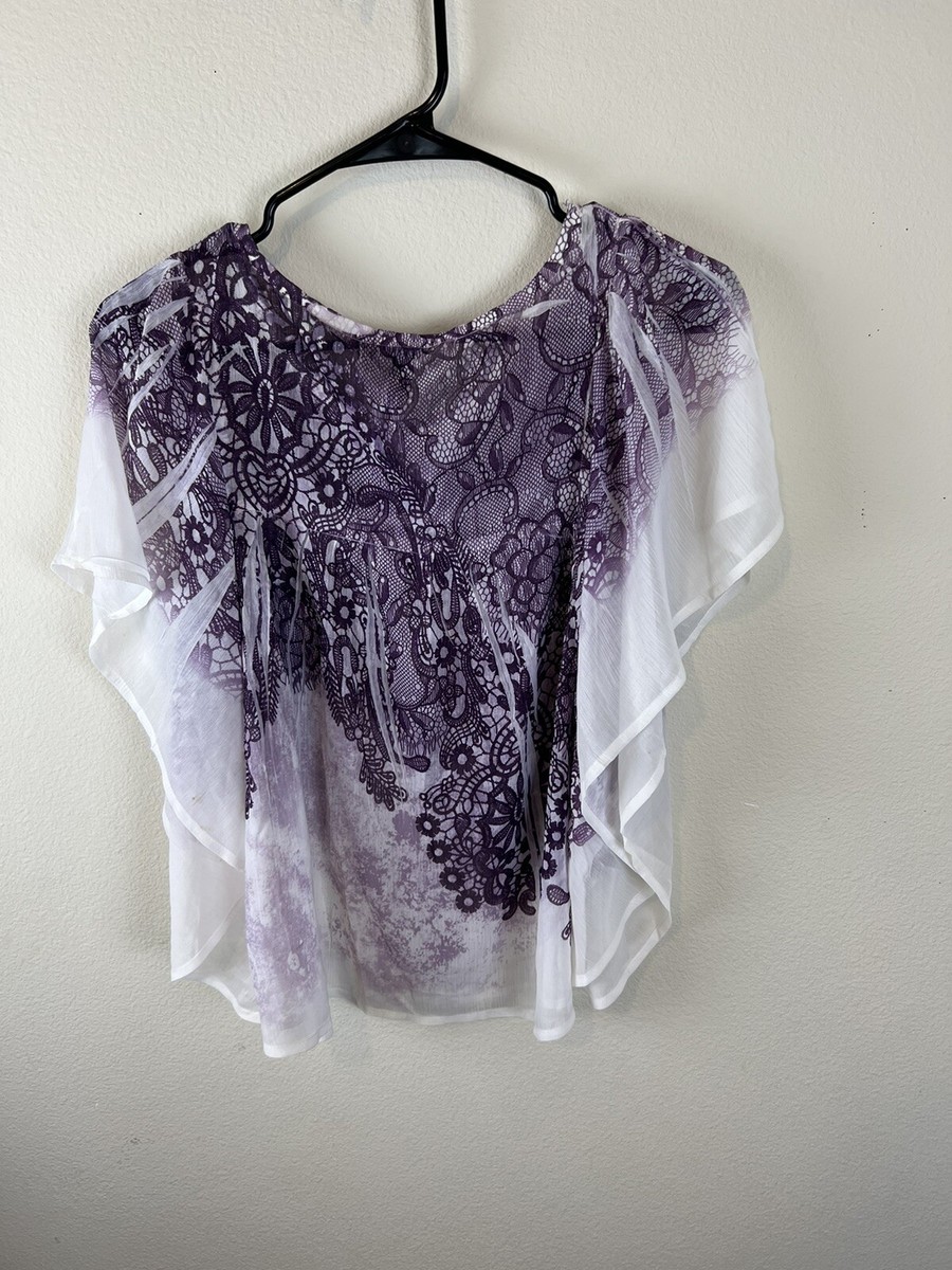 Fang Top Women's Butterfly Sleeve White/Purple SZ Medium