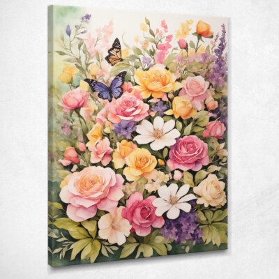 Modernes botanisches Gemälde bunte Blumen und Schmetterlinge in einem Aquarellgarten, 