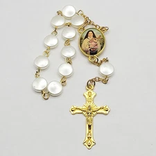 St Therese of Lisieux One Decade Rosary White Flat Bead Gold Tone Crucifix INRI