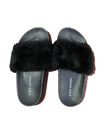 Steve Madden Solid Black Softey Fuzzy Slip On Casual Slides Size US