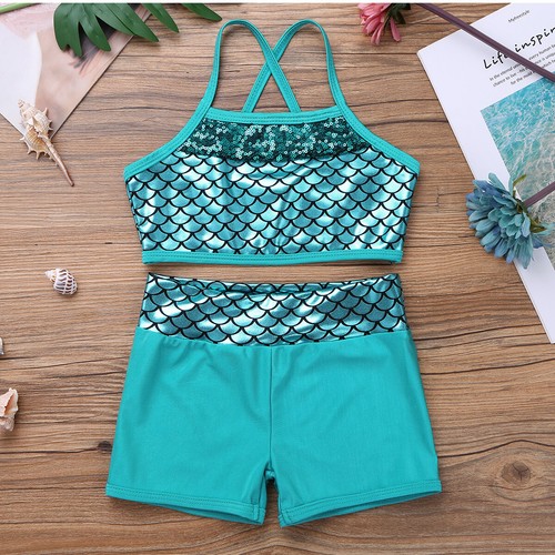 Kids Girls 2PCS Scales Print Tankini Outfits Ballet Dance Sports Bathing Suit - Picture 35 of 101