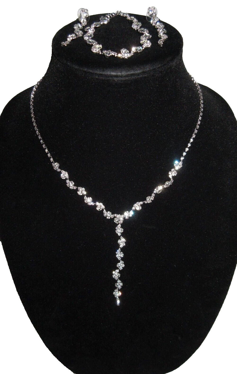 Elegant Rhinestone Necklace Choker Earrings Bracelet Lariat 4PC Set Bride Jewels