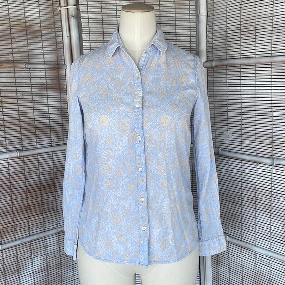 J. McLaughlin Button down Lightweight Blue Tan Si… - image 2