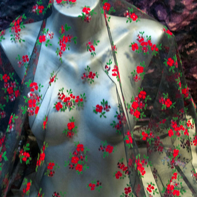 Italian designer black stretch tulle with velvet flowers Made in Italy Remnant