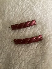 Vtg 2 Rose, Gold Tone Wired Plastic Hair Barrettes Made in Hong Kong