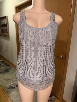 Express Women s Gray Lace Overlay Tank Top Medium Sleeveless Metallic Blouse
