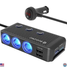 3-Socket Car Cigarette Lighter Splitter 200W USB Charger with LED Display