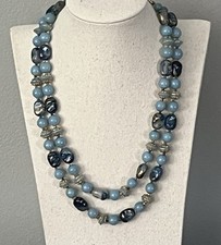 Vintage 20  Blue  Gold Tone Plastic Beaded Double Strand Necklace