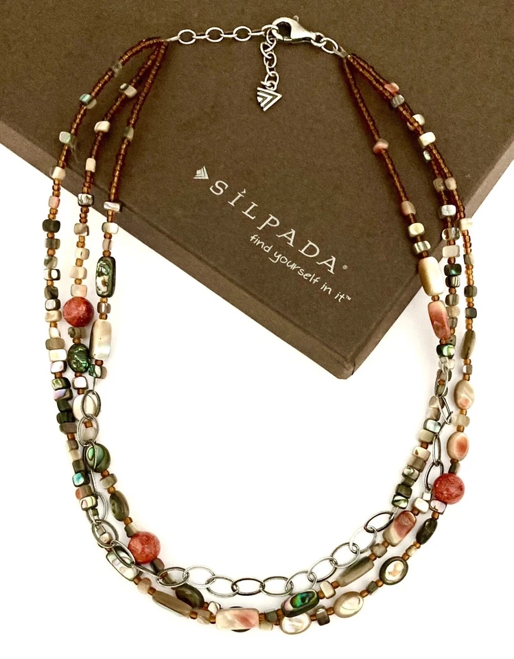 SILPADA 纯银珊瑚珍珠壳 FIESTA FUN 串珠项链 ~ #N1563 — 第 2/4 张图片